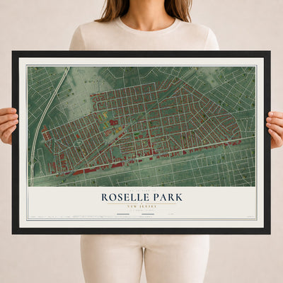 Roselle Park, New Jersey map print, 18" x 24" W/ Black Ayous Wood Frame mockup
