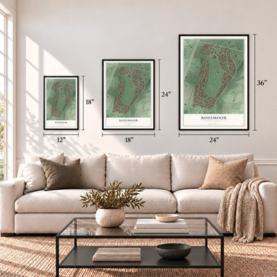 Rossmoor, New Jersey map in 12 x 18, 18 x 24 and 24 x 36 inch sizes above a sofa