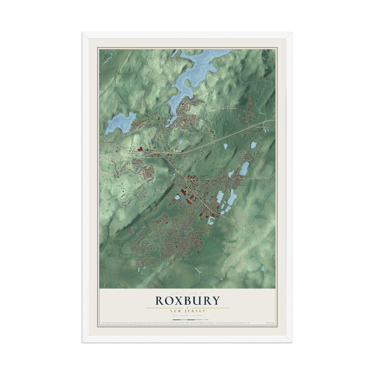 Roxbury, New Jersey map print, 12" x 18" W/ White Ayous Wood Frame mockup