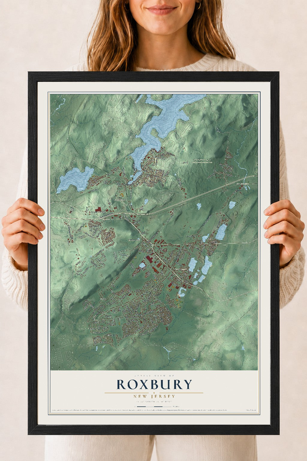 Roxbury, New Jersey map print, 18" x 24" W/ Black Ayous Wood Frame mockup