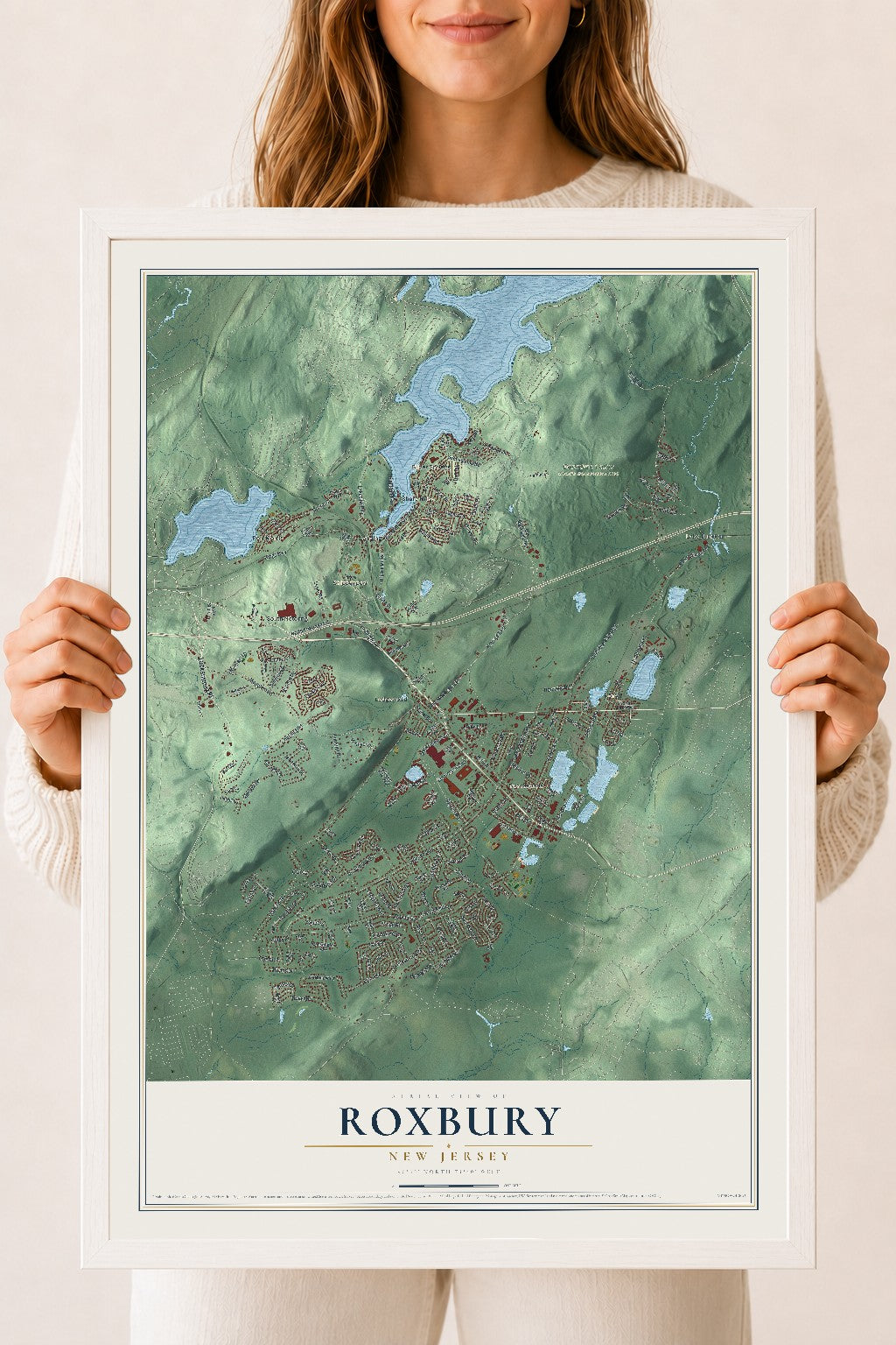 Roxbury, New Jersey map print, 18" x 24" W/ White Ayous Wood Frame mockup