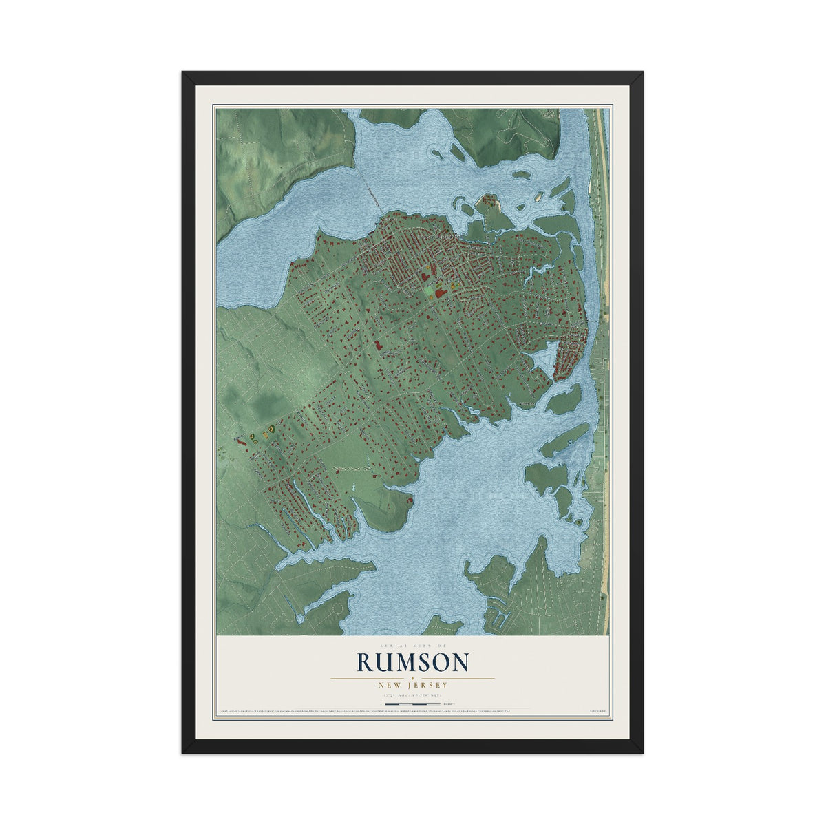 Rumson, New Jersey map print, 12" x 18" W/ Black Ayous Wood Frame mockup