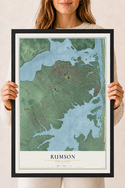 Rumson, New Jersey map print, 18" x 24" W/ Black Ayous Wood Frame mockup