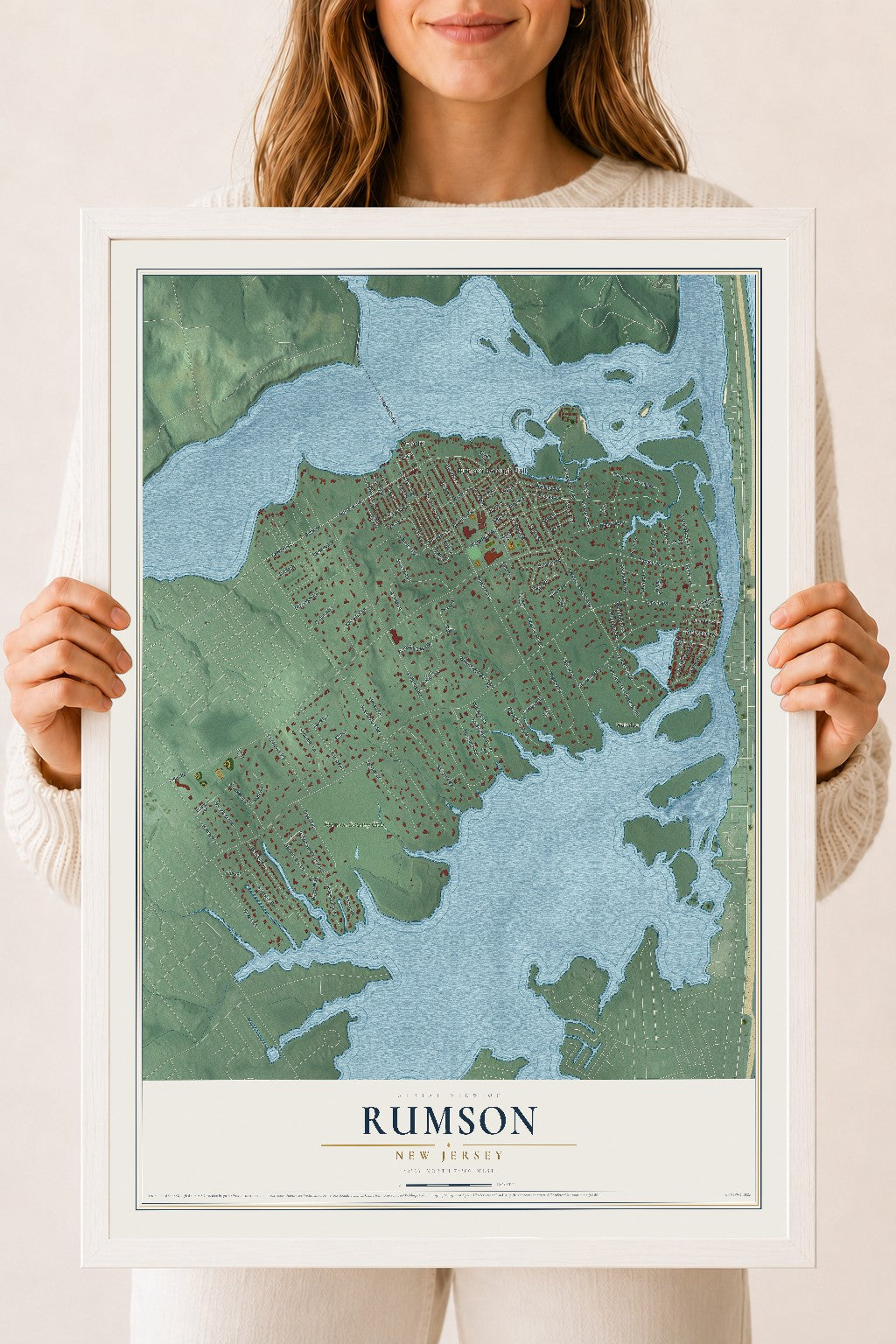 Rumson, New Jersey map print, 18" x 24" W/ White Ayous Wood Frame mockup