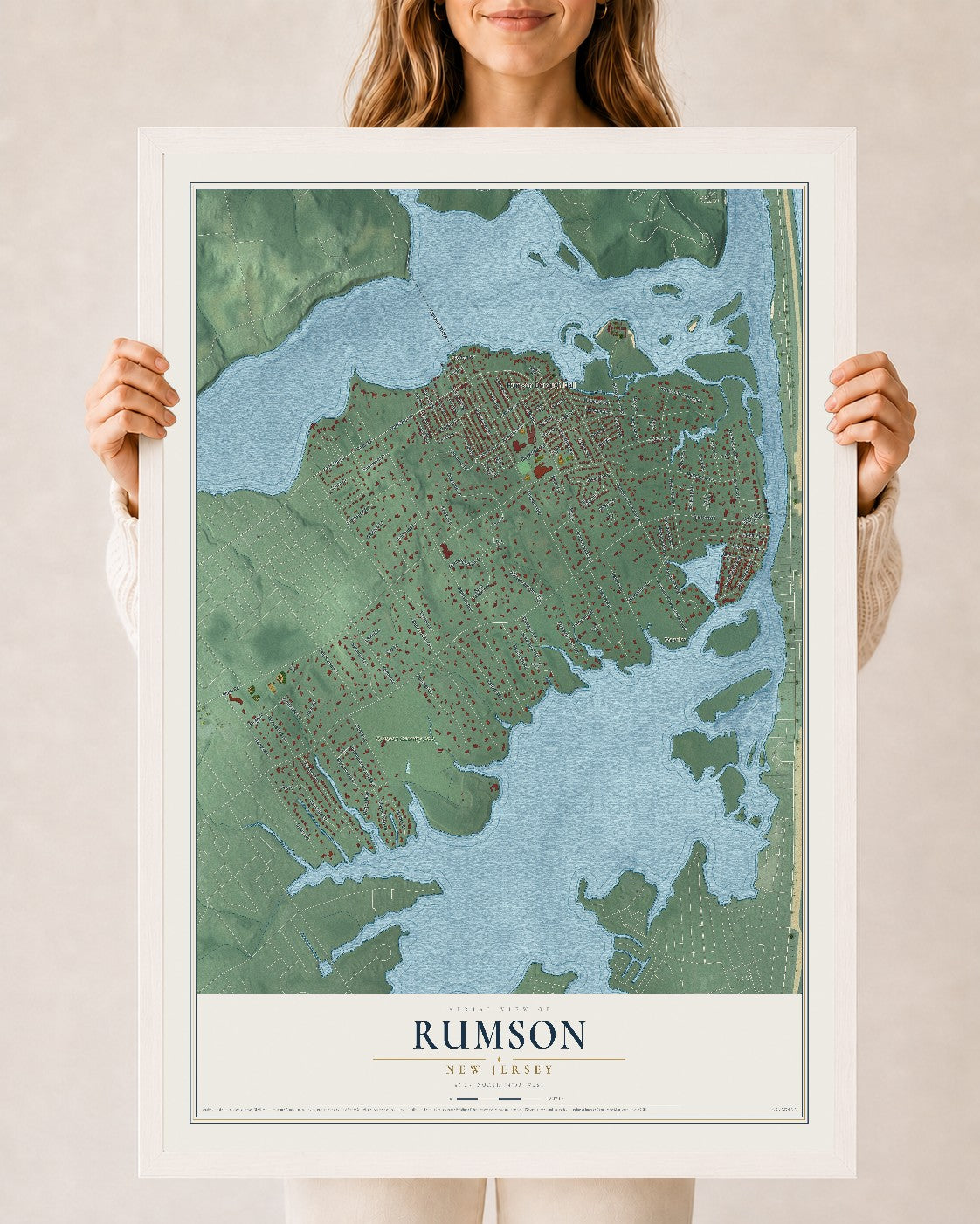 Rumson, New Jersey map print, 24" x 36" W/ White Ayous Wood Frame mockup