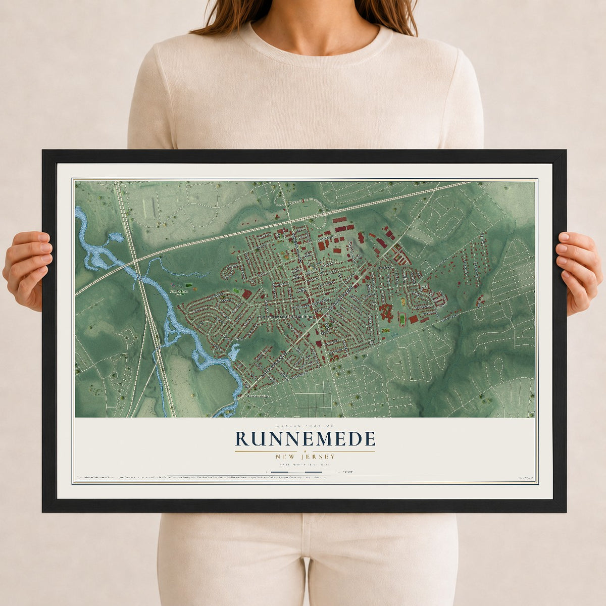 Runnemede, New Jersey map print, 12" x 18" W/ Black Ayous Wood Frame mockup