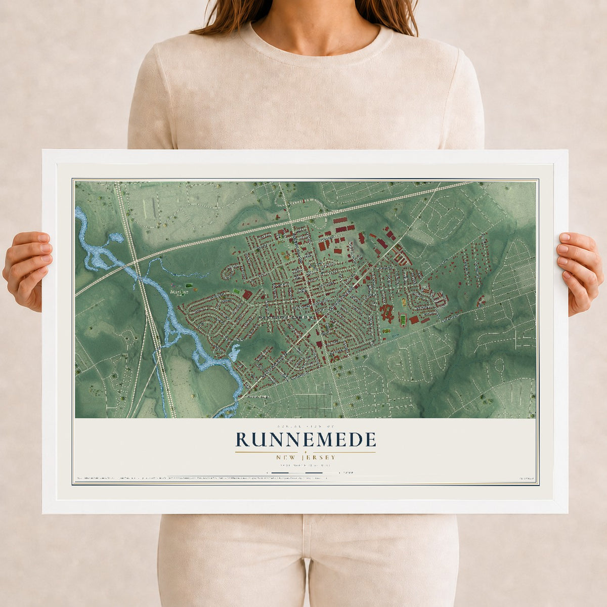 Runnemede, New Jersey map print, 12" x 18" W/ White Ayous Wood Frame mockup