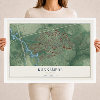 Runnemede, New Jersey map print, 18" x 24" W/ White Ayous Wood Frame mockup