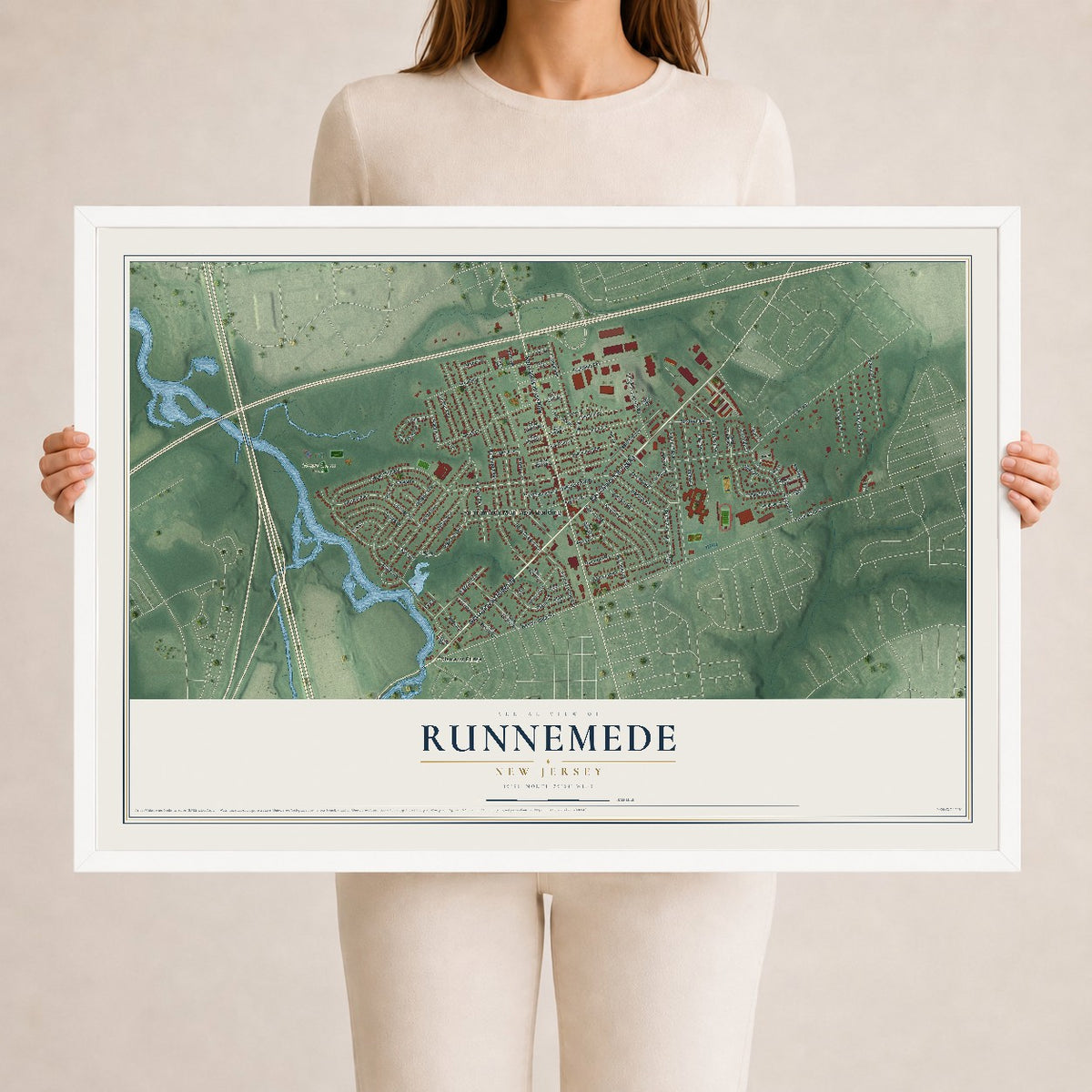 Runnemede, New Jersey map print, 24" x 36" W/ White Ayous Wood Frame mockup
