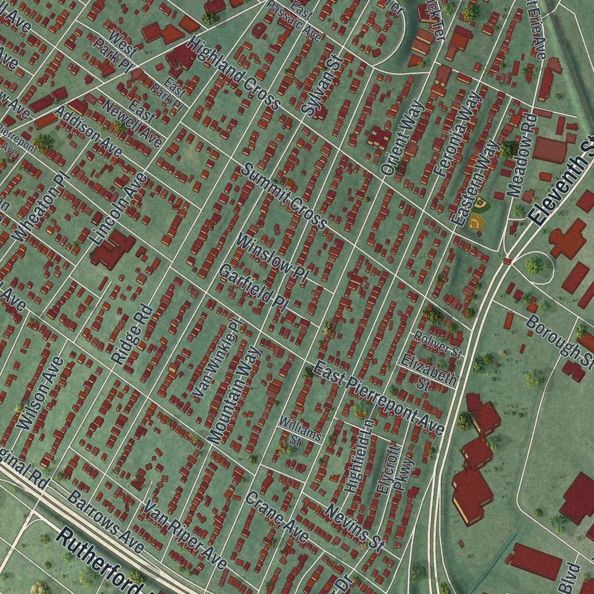 Close-up 1 of the Rutherford, New Jersey map artwork