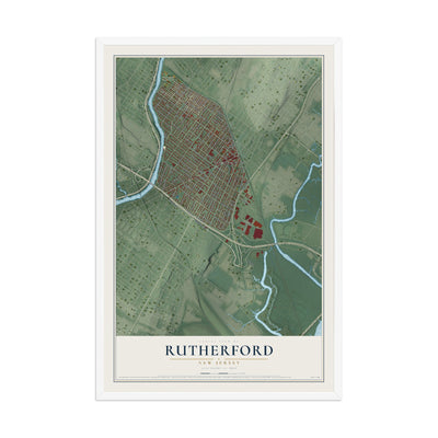 Rutherford, New Jersey map print, 12" x 18" W/ White Ayous Wood Frame mockup