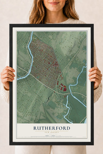 Rutherford, New Jersey map print, 18" x 24" W/ Black Ayous Wood Frame mockup