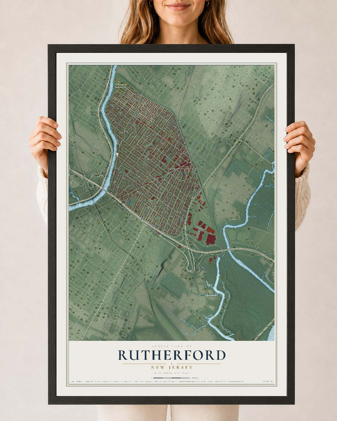 Rutherford, New Jersey map print, 24" x 36" W/ Black Ayous Wood Frame mockup