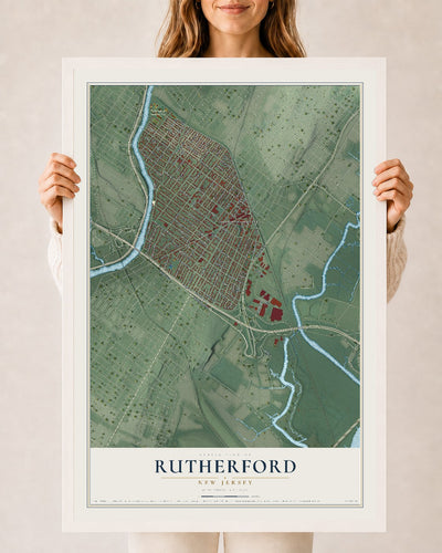 Rutherford, New Jersey map print, 24" x 36" W/ White Ayous Wood Frame mockup
