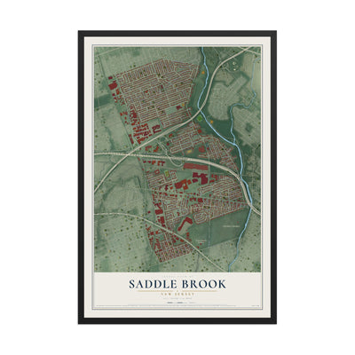 Saddle Brook, New Jersey map print, 12" x 18" W/ Black Ayous Wood Frame mockup