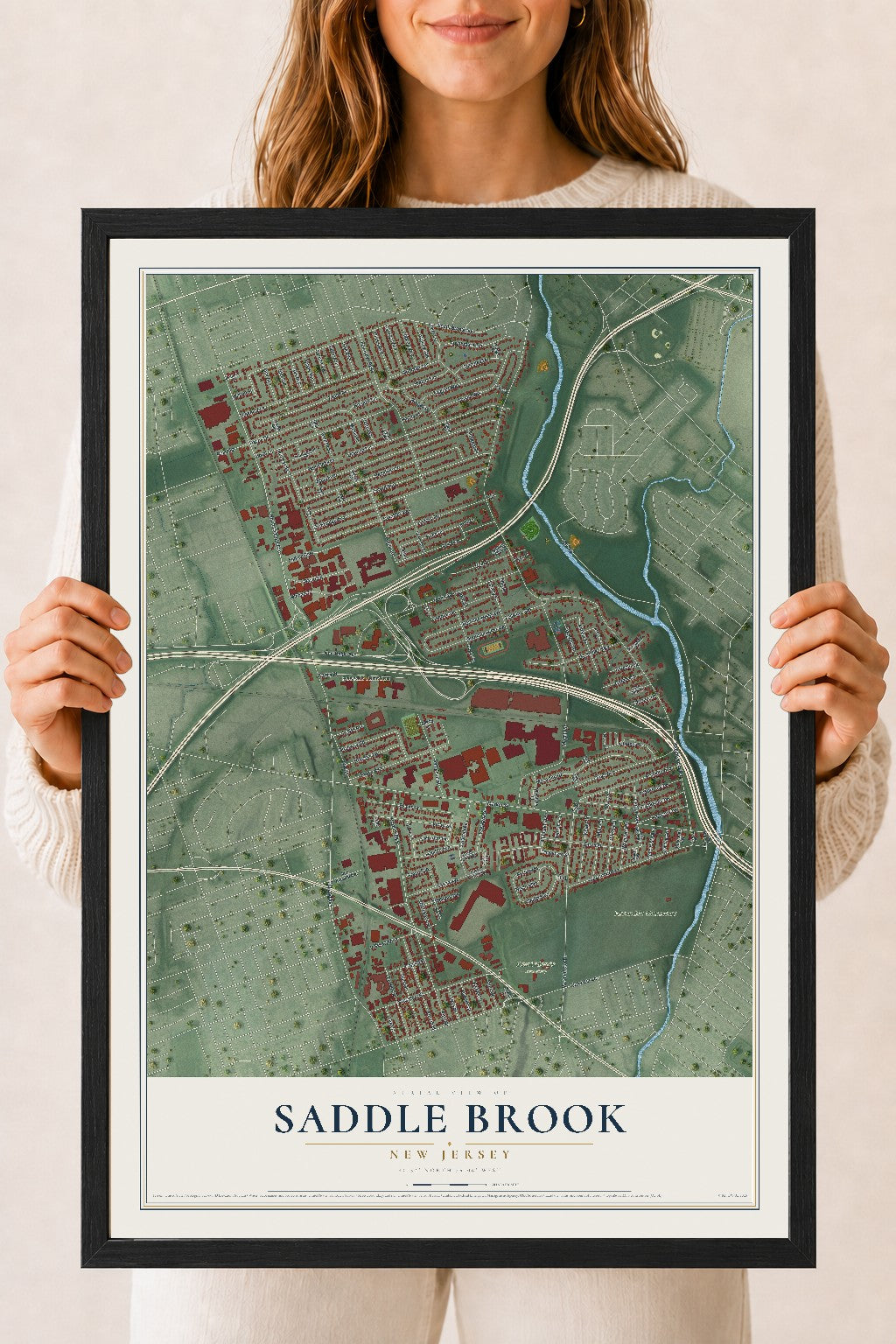 Saddle Brook, New Jersey map print, 18" x 24" W/ Black Ayous Wood Frame mockup