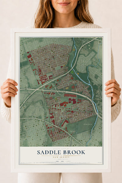 Saddle Brook, New Jersey map print, 18" x 24" W/ White Ayous Wood Frame mockup