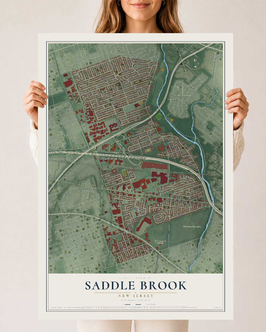 Saddle Brook, New Jersey map print, 24" x 36" Archival Matte Print mockup