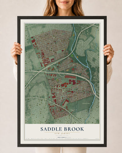 Saddle Brook, New Jersey map print, 24" x 36" W/ Black Ayous Wood Frame mockup