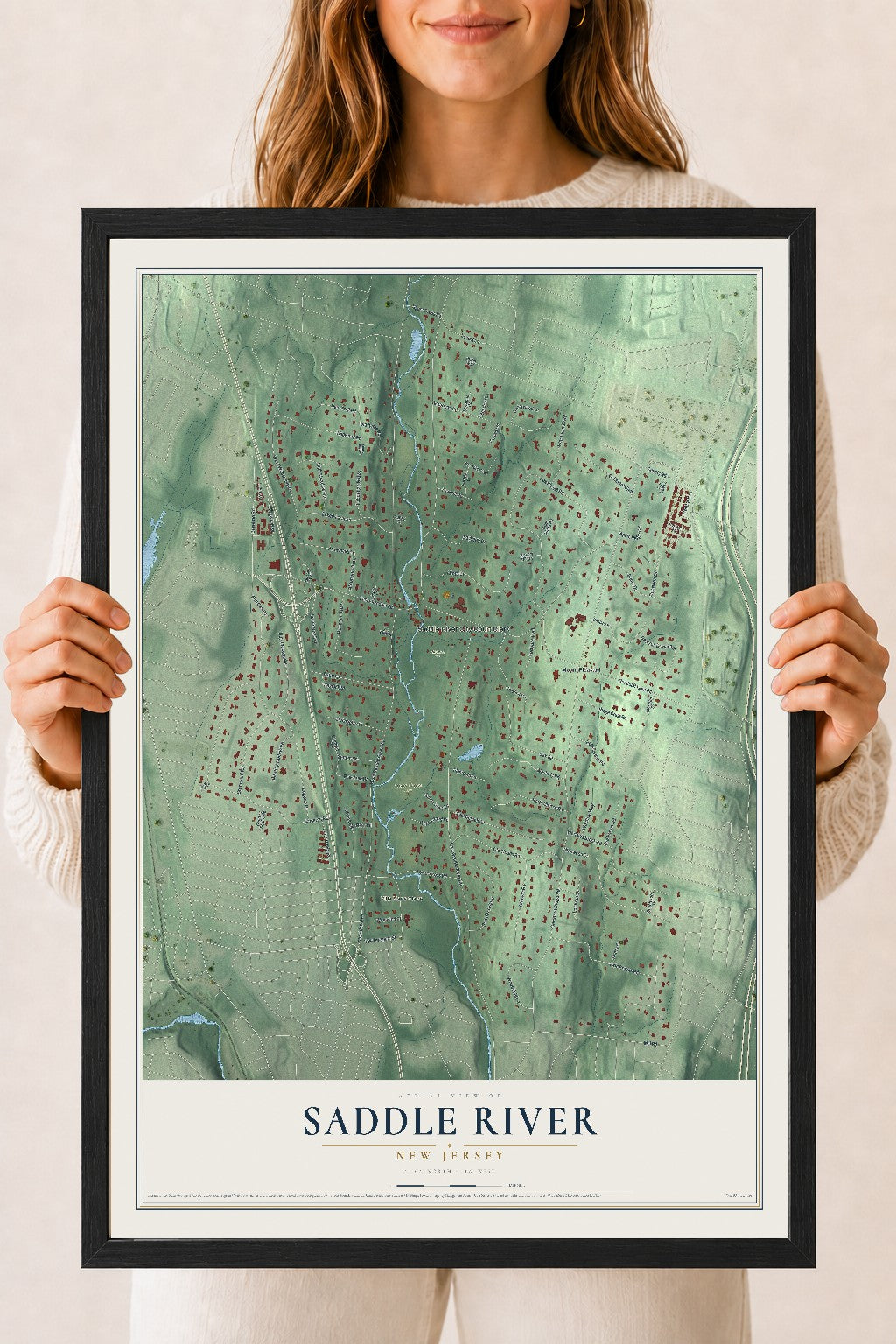 Saddle River, New Jersey map print, 18" x 24" W/ Black Ayous Wood Frame mockup