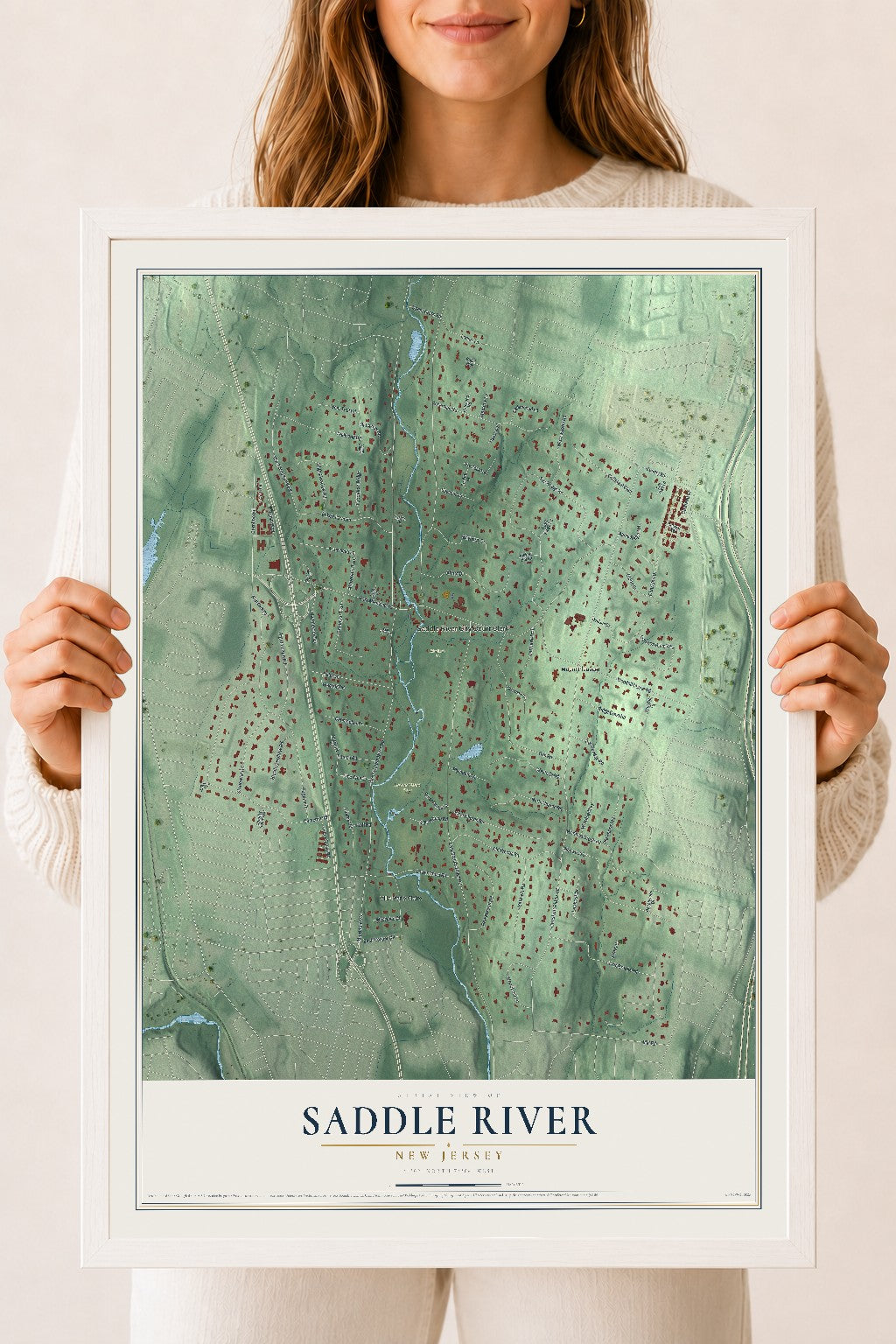 Saddle River, New Jersey map print, 18" x 24" W/ White Ayous Wood Frame mockup