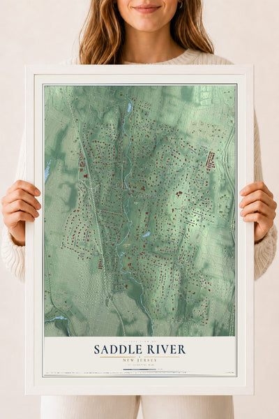 Saddle River, New Jersey map print, 18" x 24" W/ White Ayous Wood Frame mockup