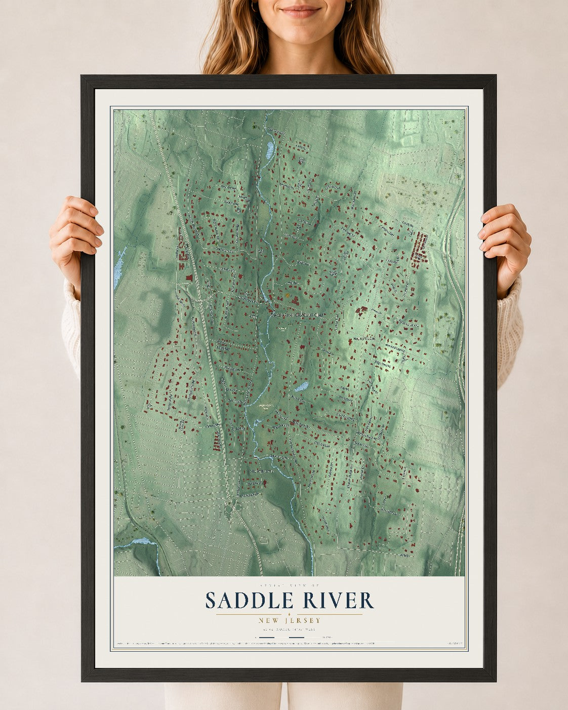 Saddle River, New Jersey map print, 24" x 36" W/ Black Ayous Wood Frame mockup
