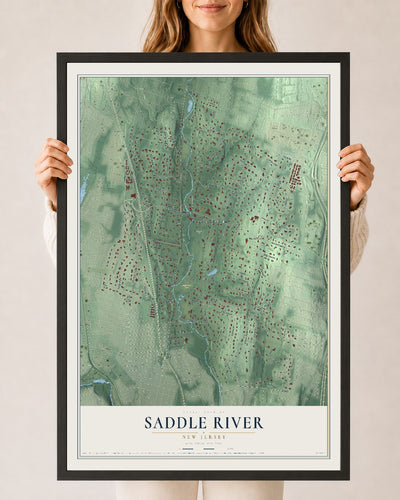 Saddle River, New Jersey map print, 24" x 36" W/ Black Ayous Wood Frame mockup