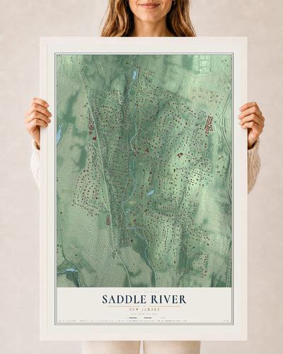 Saddle River, New Jersey map print, 24" x 36" W/ White Ayous Wood Frame mockup
