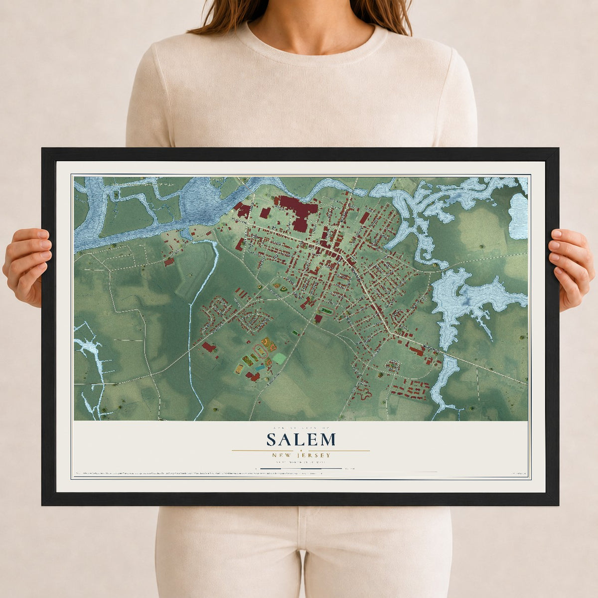 Salem, New Jersey map print, 12" x 18" W/ Black Ayous Wood Frame mockup