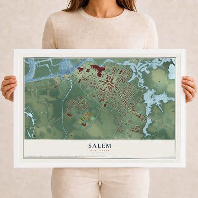Salem, New Jersey map print, 12" x 18" W/ White Ayous Wood Frame mockup