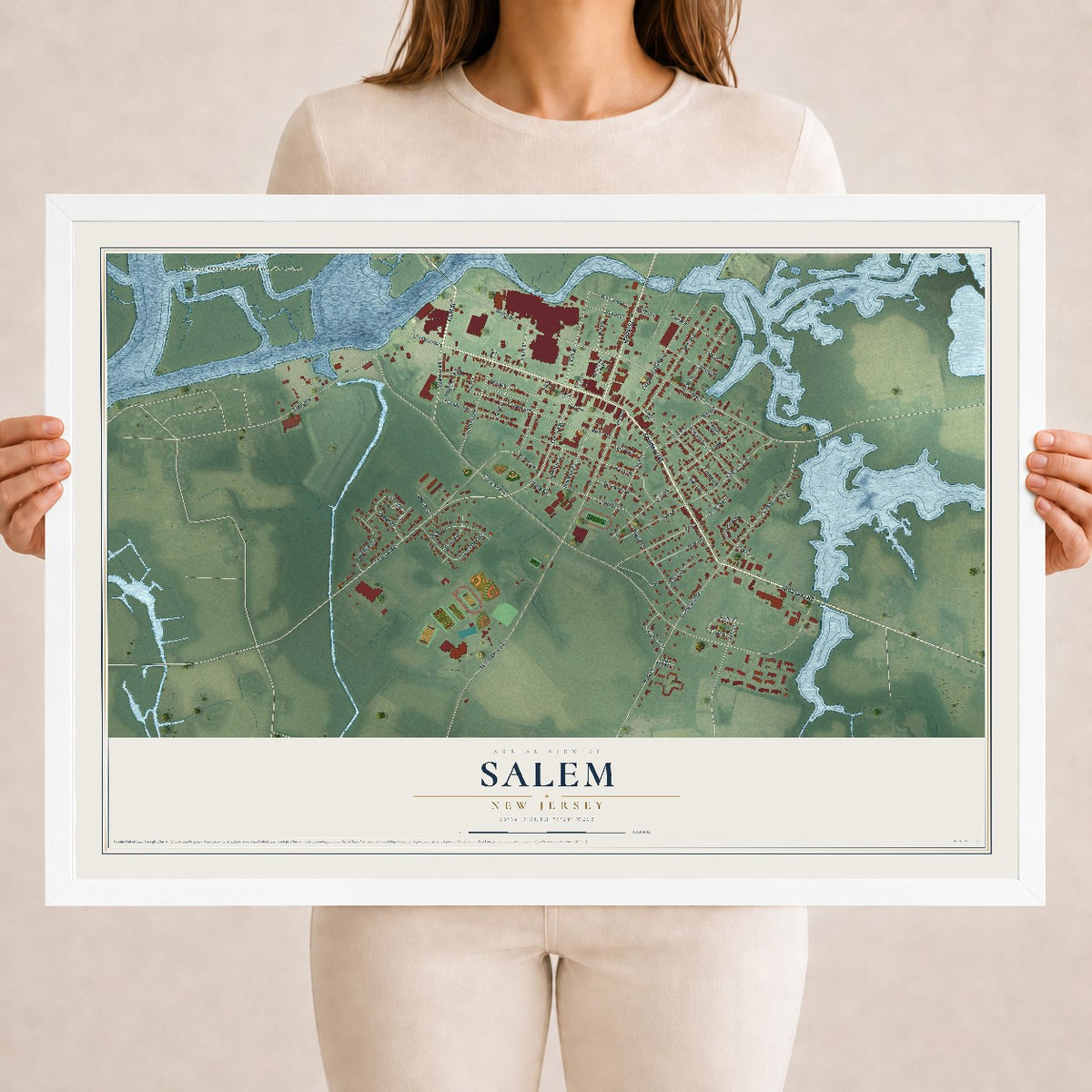 Salem, New Jersey map print, 18" x 24" W/ White Ayous Wood Frame mockup