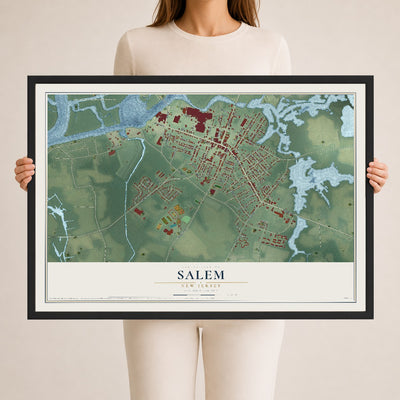 Salem, New Jersey map print, 24" x 36" W/ Black Ayous Wood Frame mockup