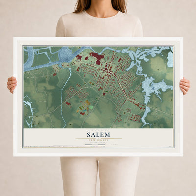 Salem, New Jersey map print, 24" x 36" W/ White Ayous Wood Frame mockup