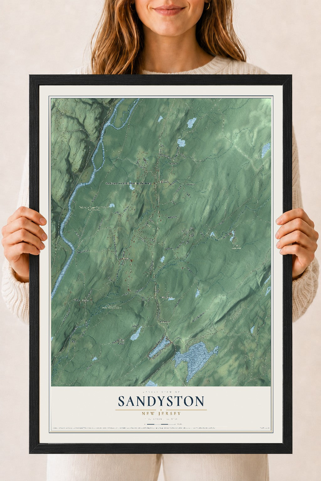 Sandyston, New Jersey map print, 18" x 24" W/ Black Ayous Wood Frame mockup