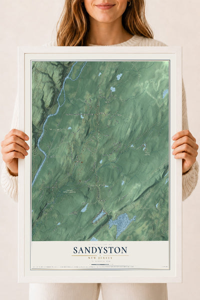 Sandyston, New Jersey map print, 18" x 24" W/ White Ayous Wood Frame mockup