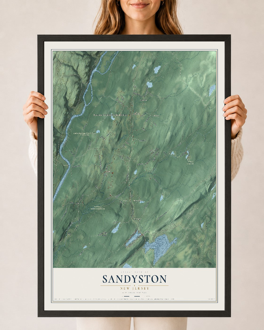Sandyston, New Jersey map print, 24" x 36" W/ Black Ayous Wood Frame mockup