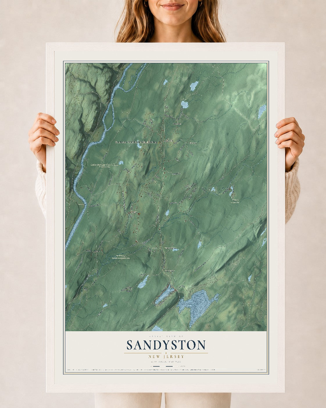 Sandyston, New Jersey map print, 24" x 36" W/ White Ayous Wood Frame mockup