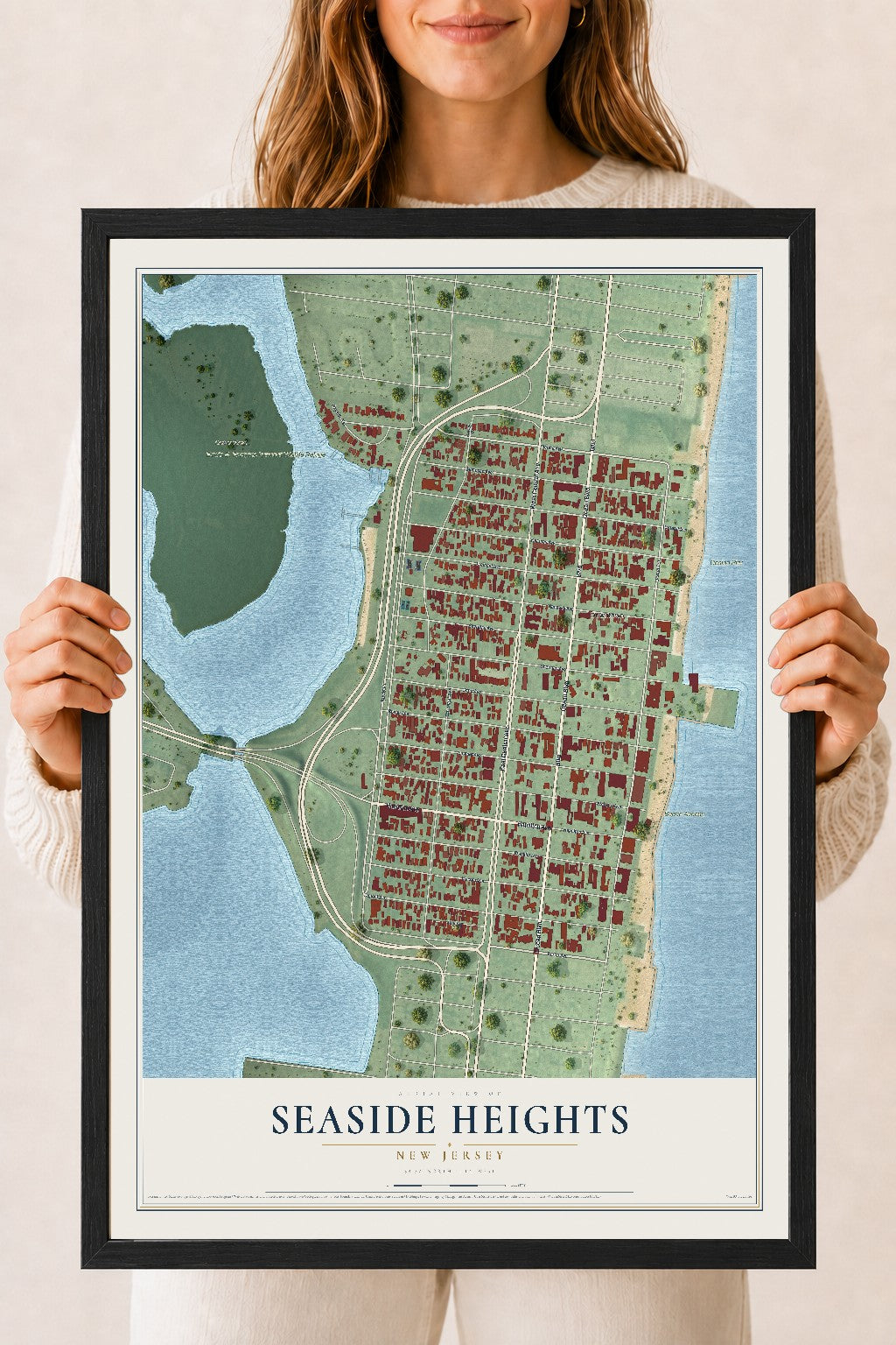 Seaside Heights, New Jersey map print, 18" x 24" W/ Black Ayous Wood Frame mockup