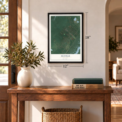 Seaville, New Jersey map, 12 x 18 inch print in a black frame in an entryway