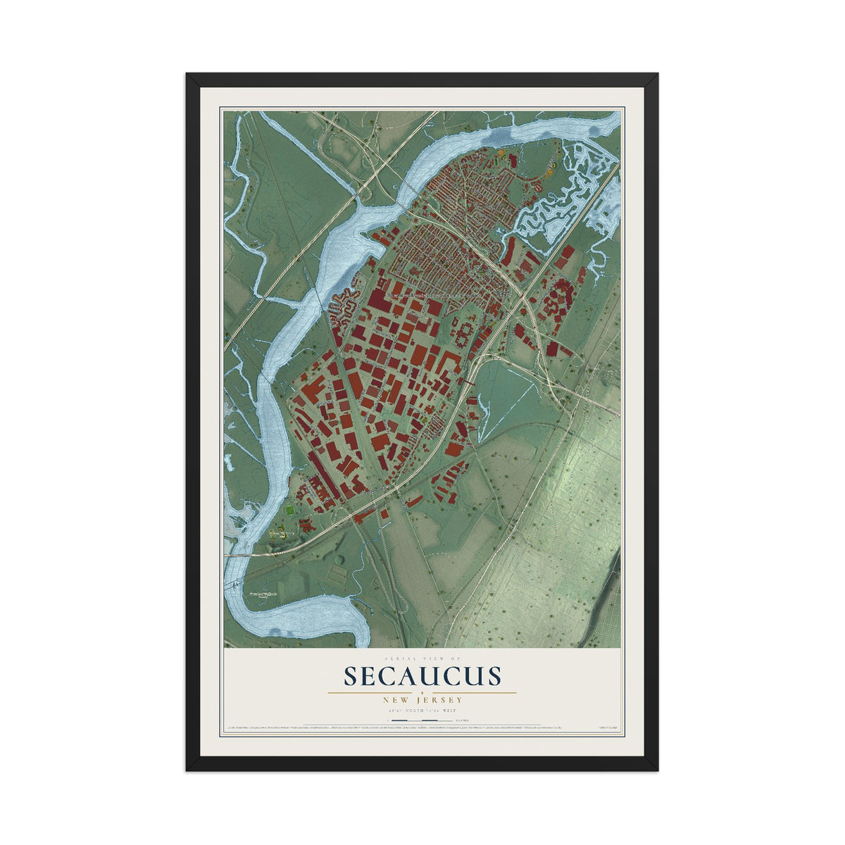 Secaucus, New Jersey map print, 12" x 18" W/ Black Ayous Wood Frame mockup