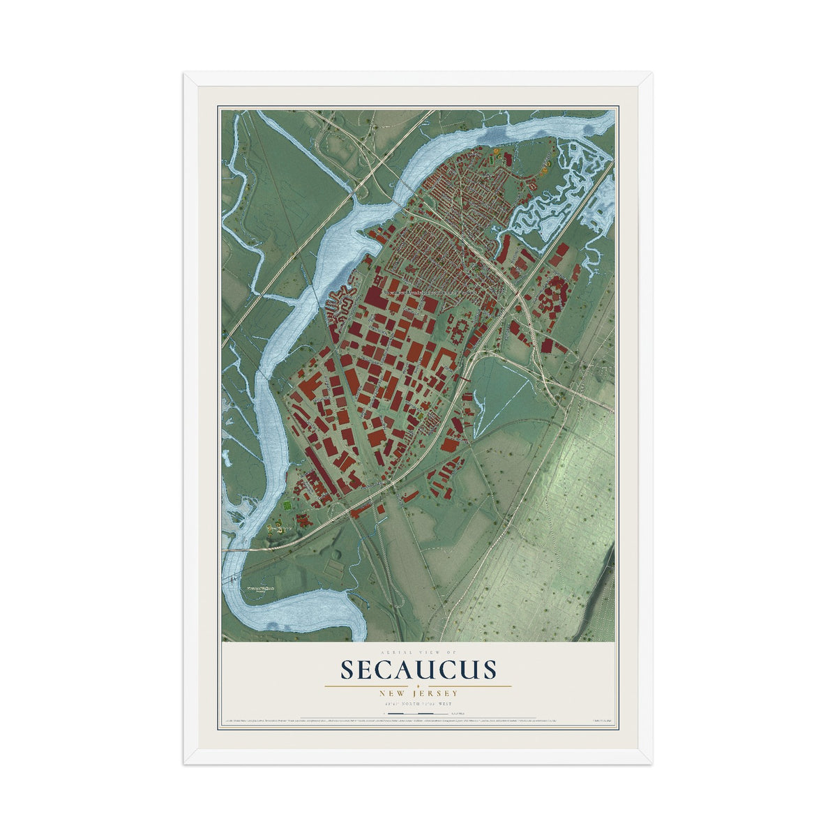 Secaucus, New Jersey map print, 12" x 18" W/ White Ayous Wood Frame mockup