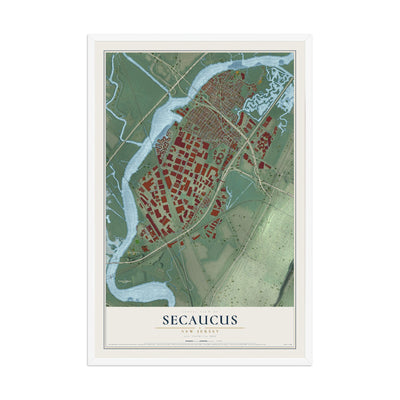 Secaucus, New Jersey map print, 12" x 18" W/ White Ayous Wood Frame mockup