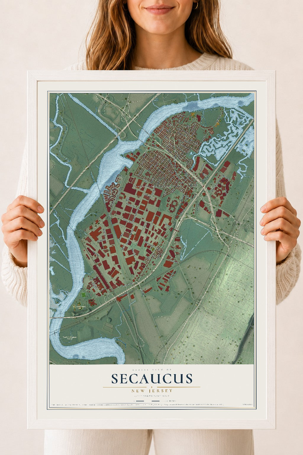 Secaucus, New Jersey map print, 18" x 24" W/ White Ayous Wood Frame mockup