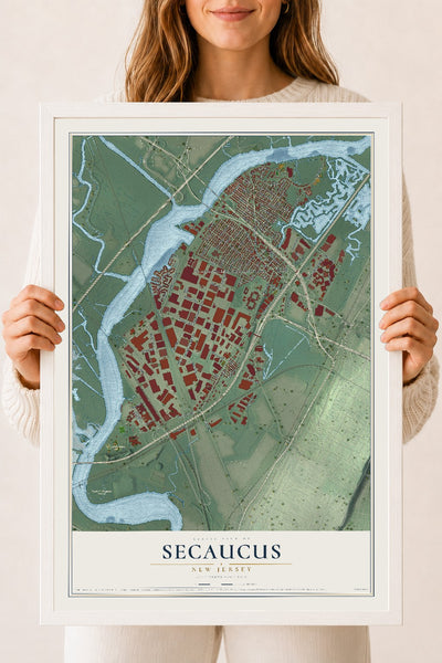 Secaucus, New Jersey map print, 18" x 24" W/ White Ayous Wood Frame mockup