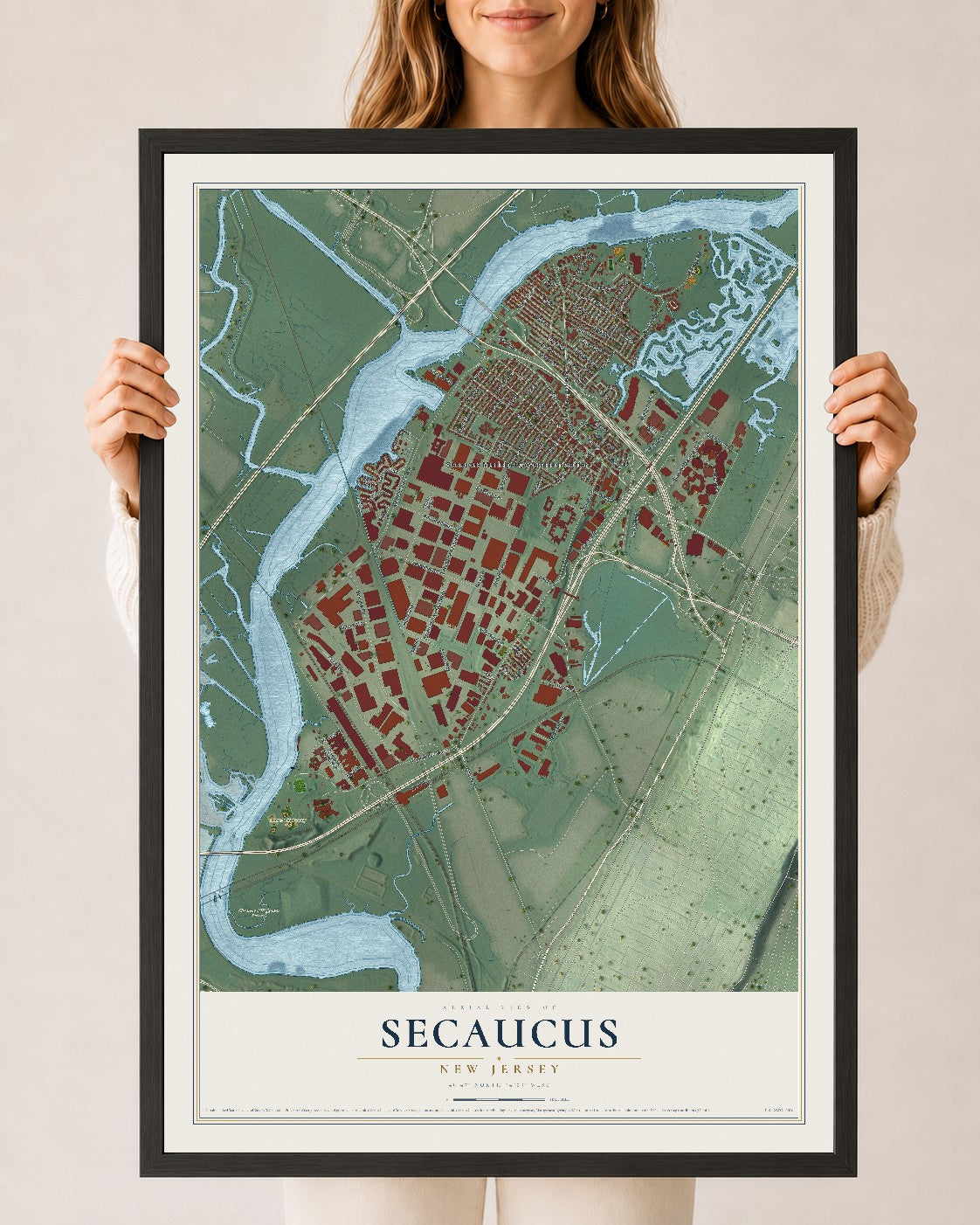 Secaucus, New Jersey map print, 24" x 36" W/ Black Ayous Wood Frame mockup