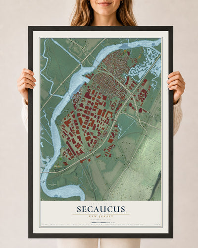 Secaucus, New Jersey map print, 24" x 36" W/ Black Ayous Wood Frame mockup