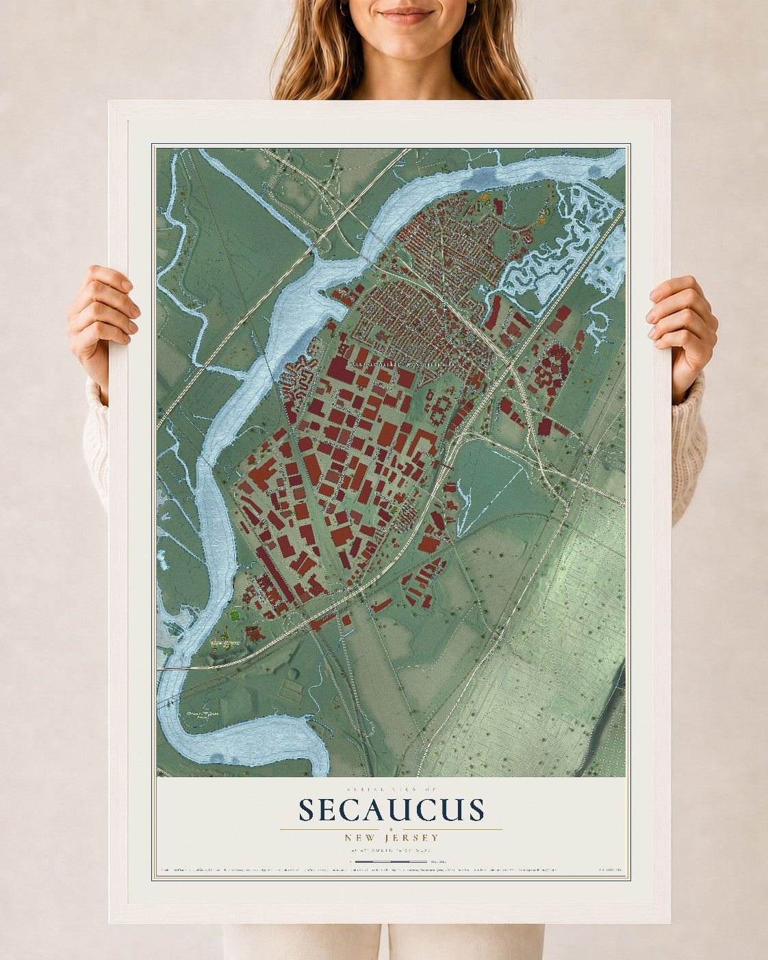 Secaucus, New Jersey map print, 24" x 36" W/ White Ayous Wood Frame mockup