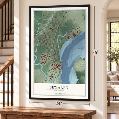 Sewaren, New Jersey map, 24 x 36 inch print in a black frame by a staircase
