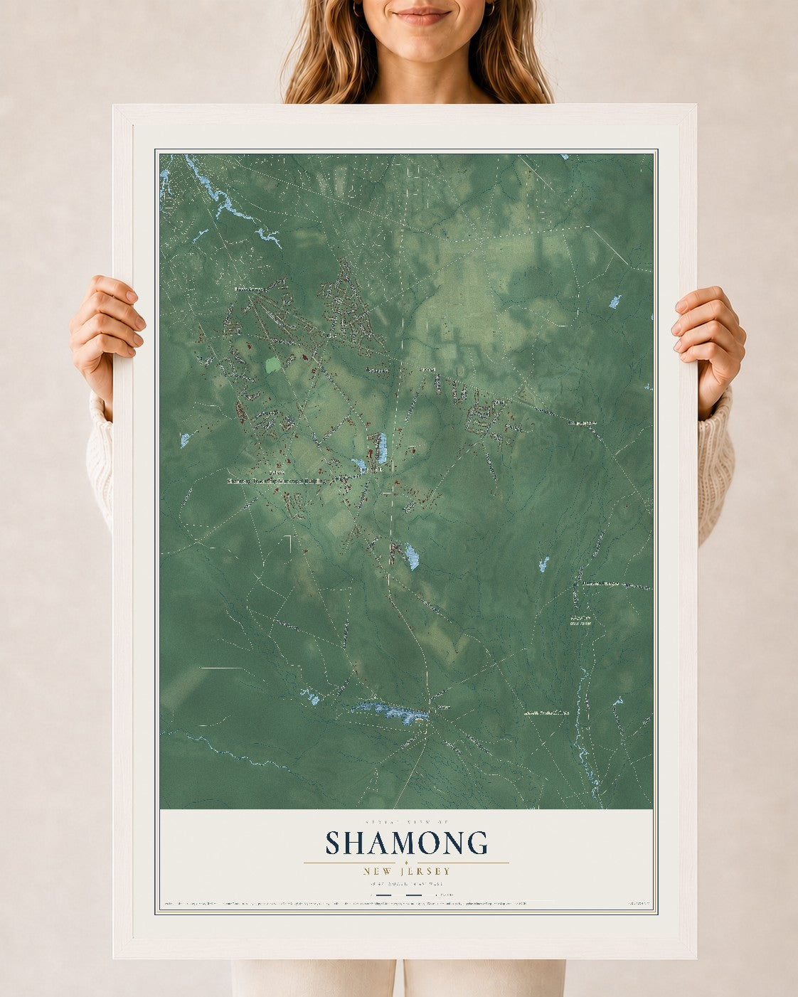 Map of Shamong, New Jersey, 24 x 36 inch print in a white wood frame